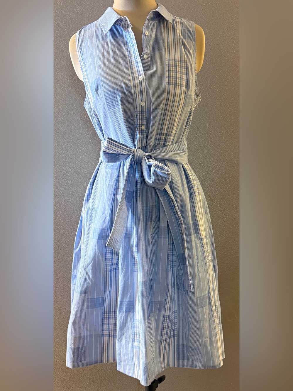 Tommy Hilfiger Cotton Sleeveless Blue Plaid Tie-Waist Shirt Dress zipper Size 12